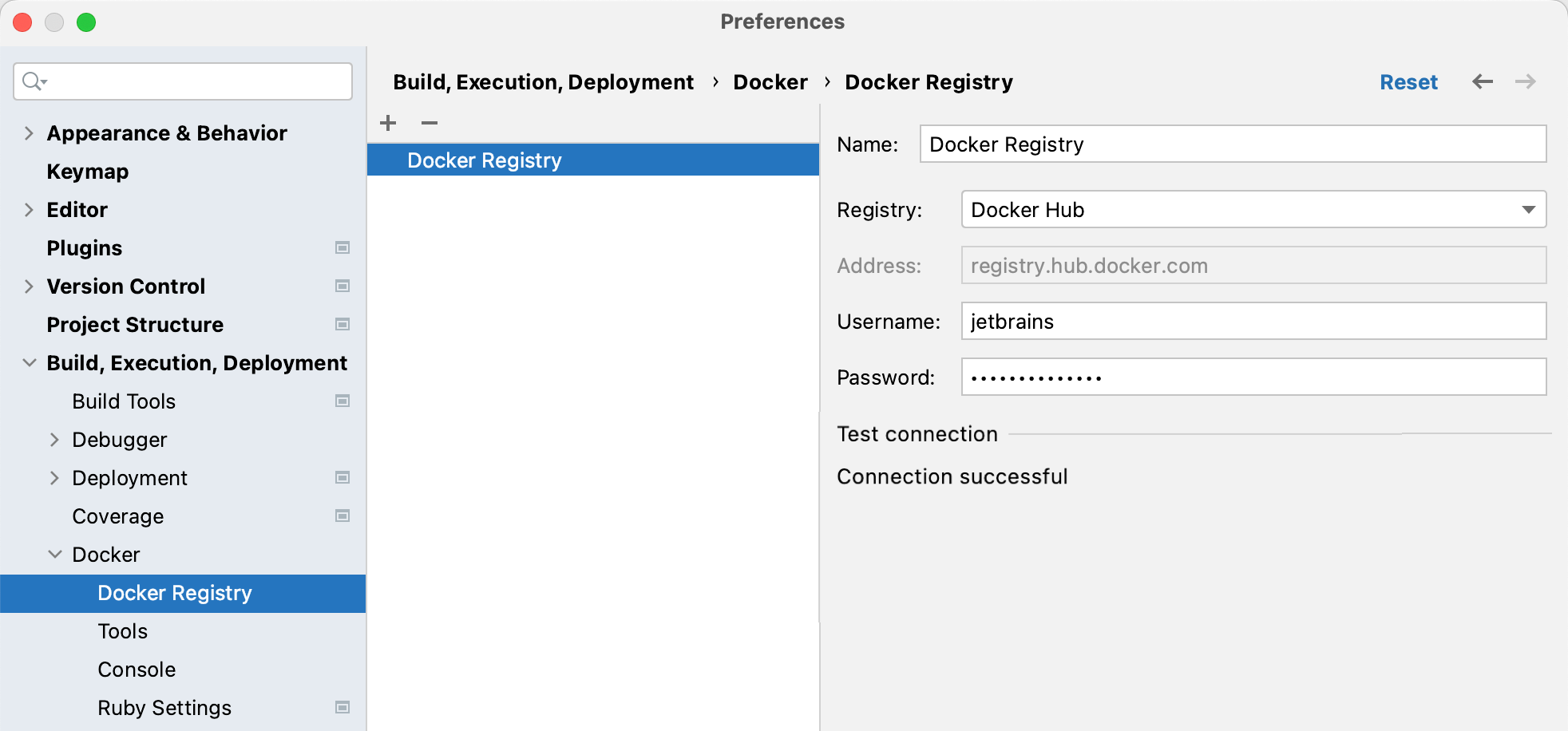 The Docker Registry dialog