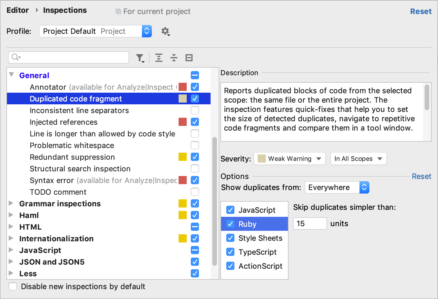 Duplicated Code Fragment inspection settings