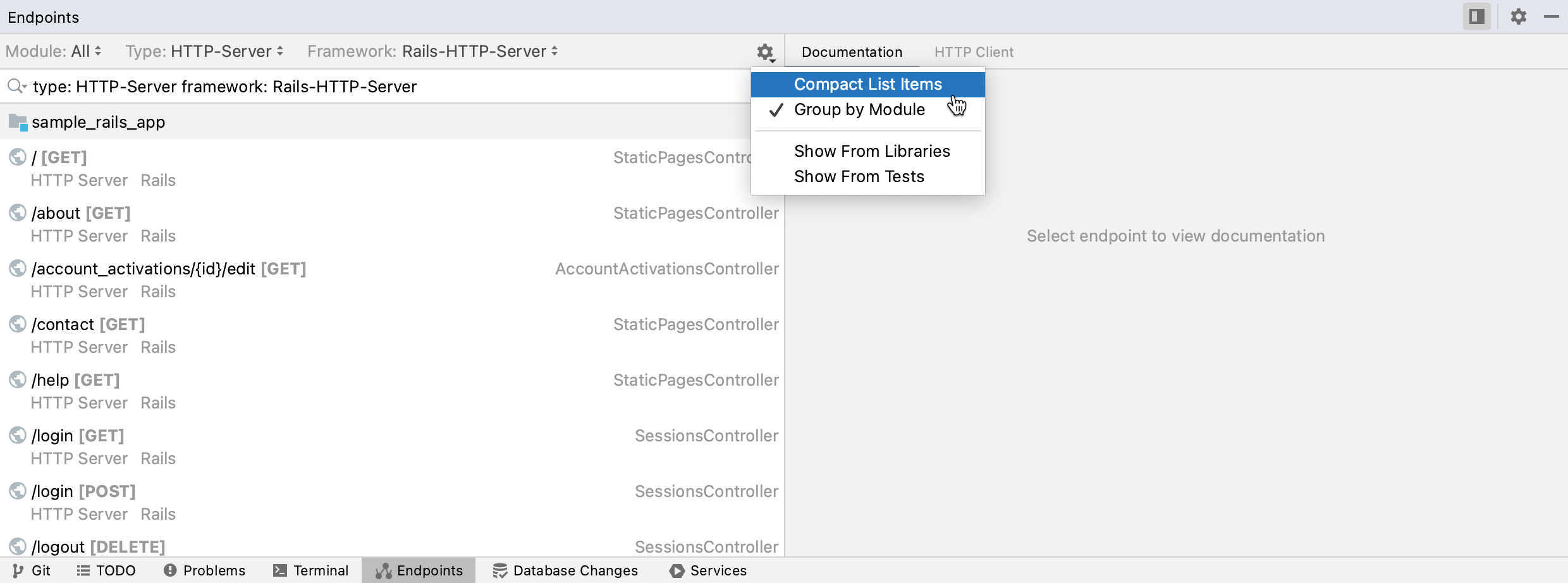 Options of the Endpoints tool window