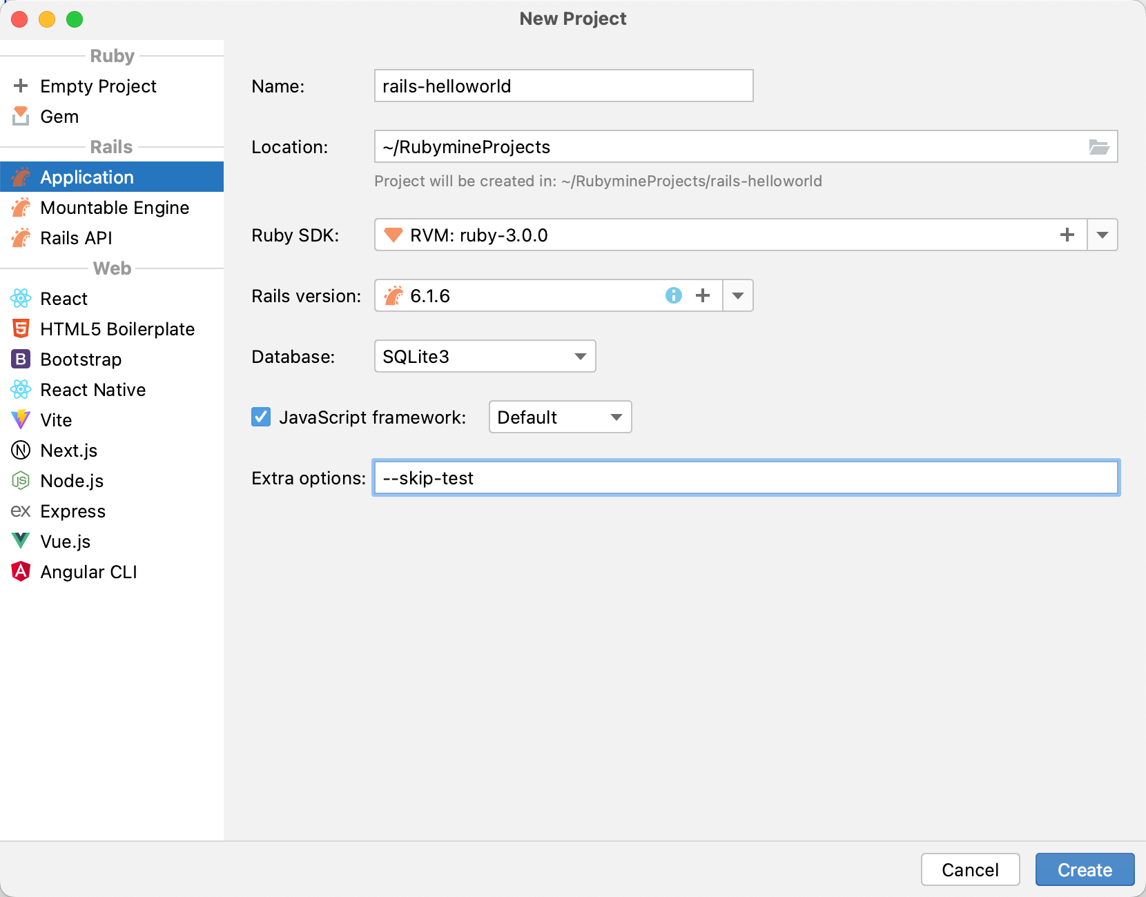 New Project dialog: Rails application