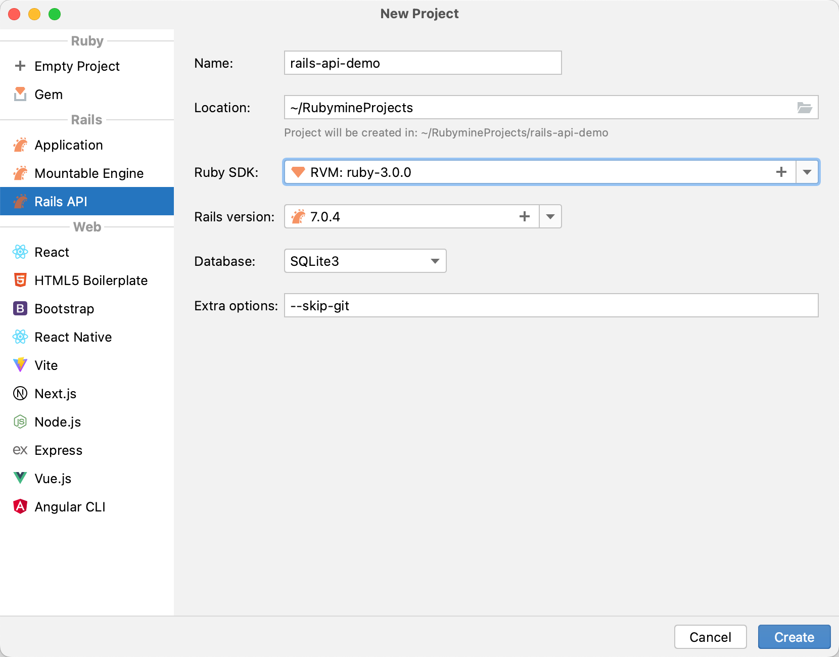 New Project dialog: Rails API application