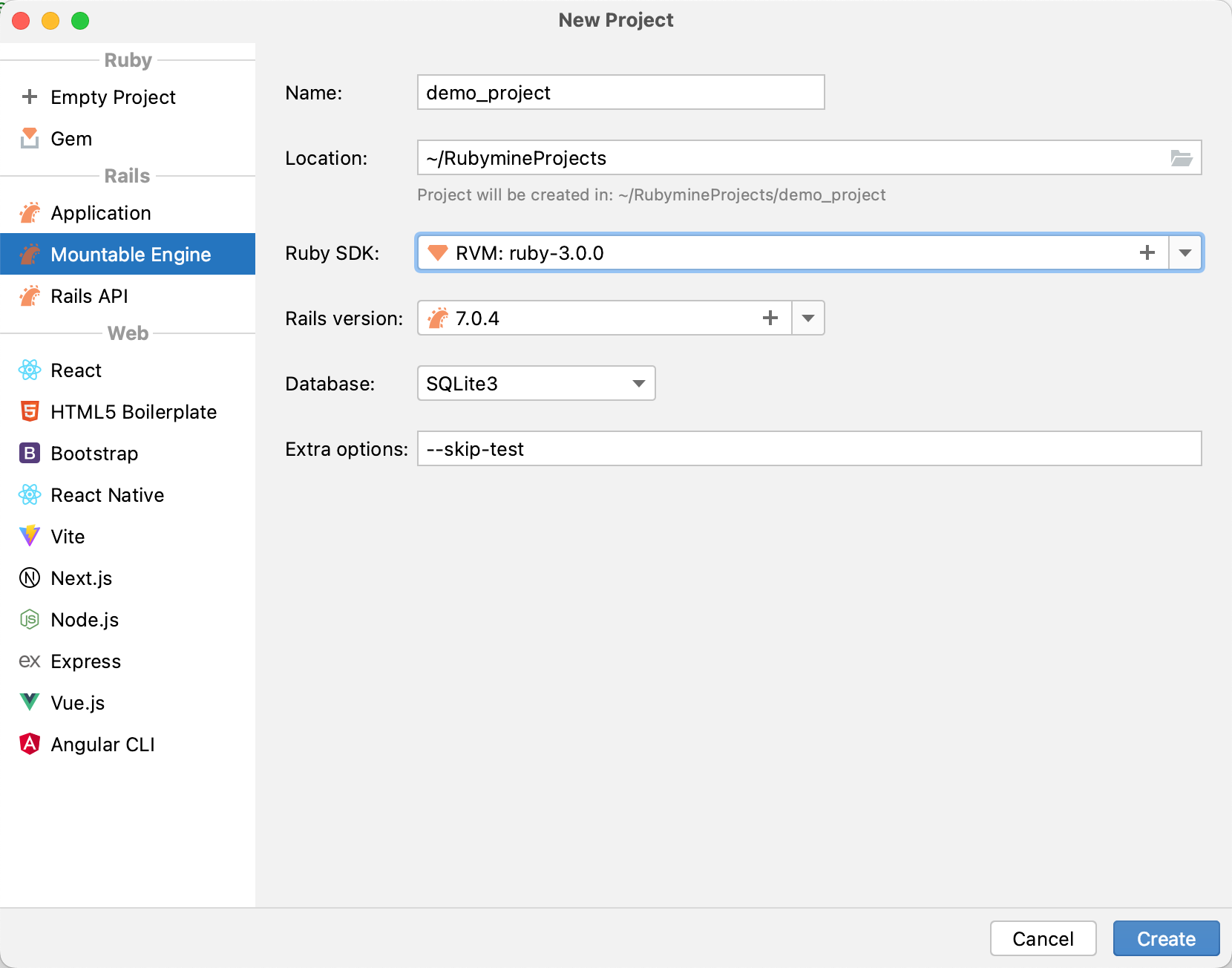 New Project dialog: Rails application