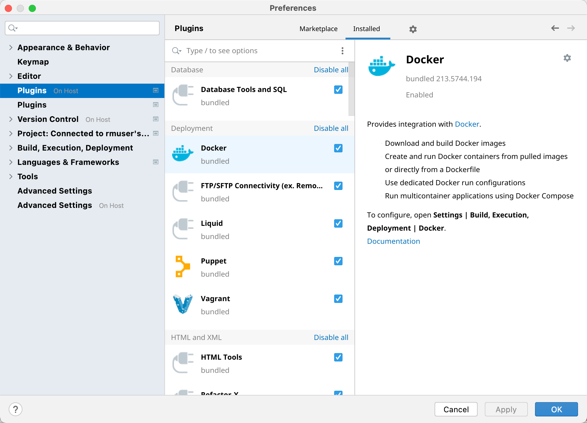 The Plugins settings dialog