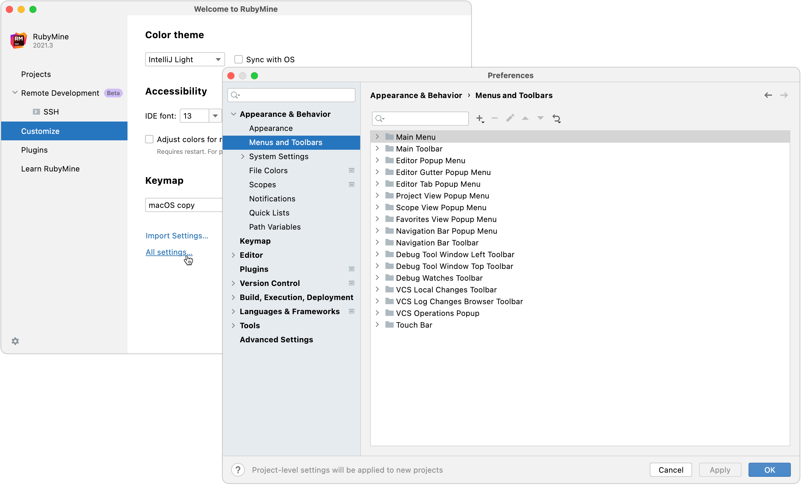 Configuring new default settings for projects