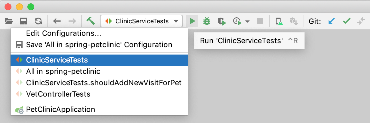 Running a run/debug configuration for tests