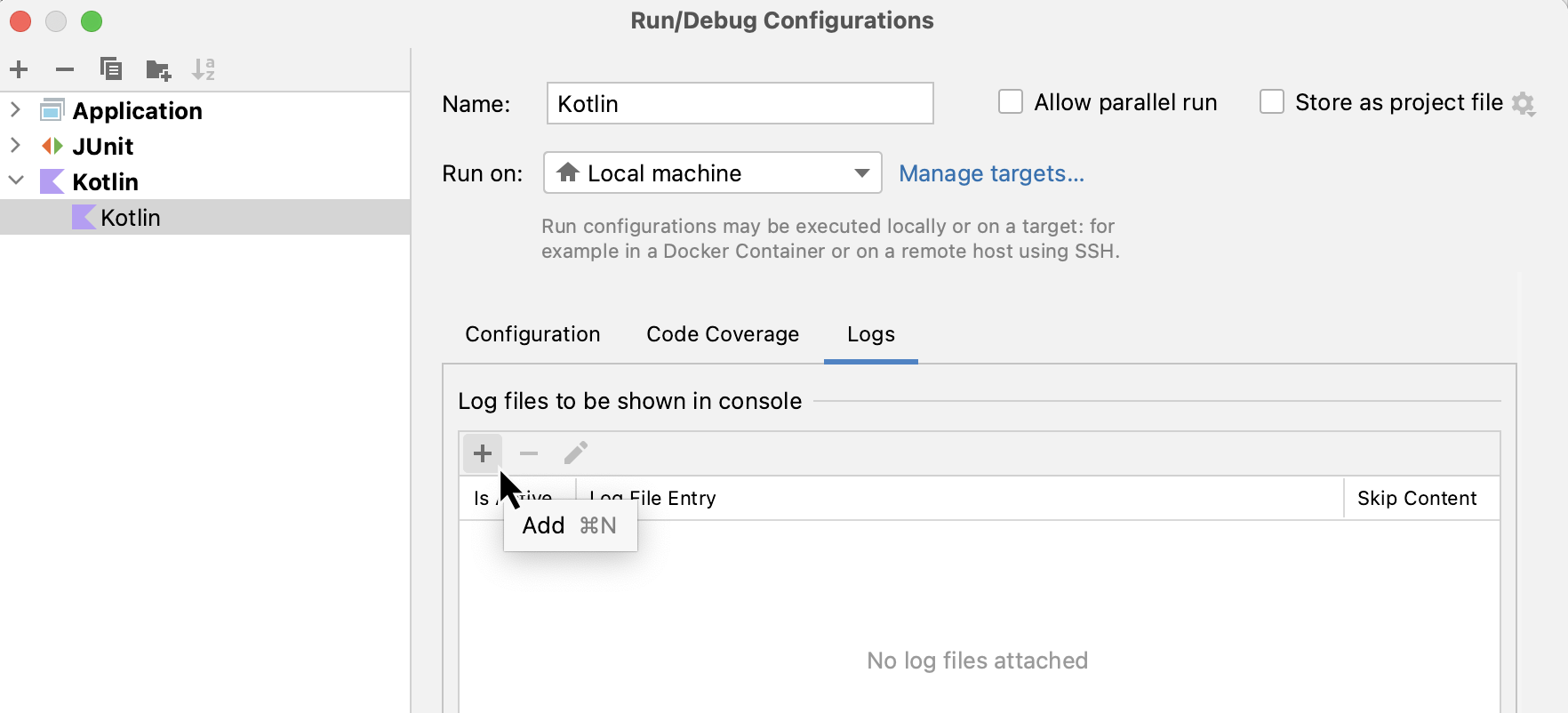 Adding log aliases on Logs tab in run configuration