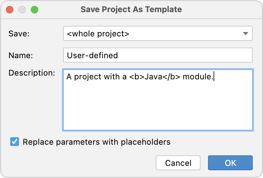 Saving a project as a template