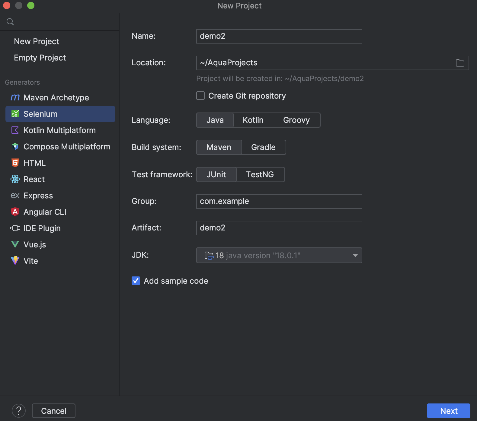 Creating a new Selenium project