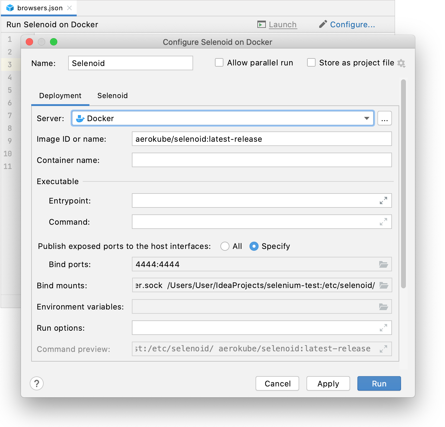 Selenium run/debug configuration