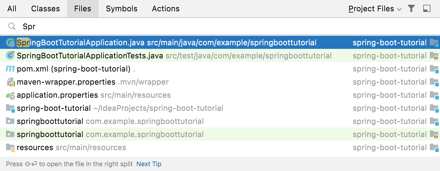 Using Go To File to open SpringBootTutorialApplication.java