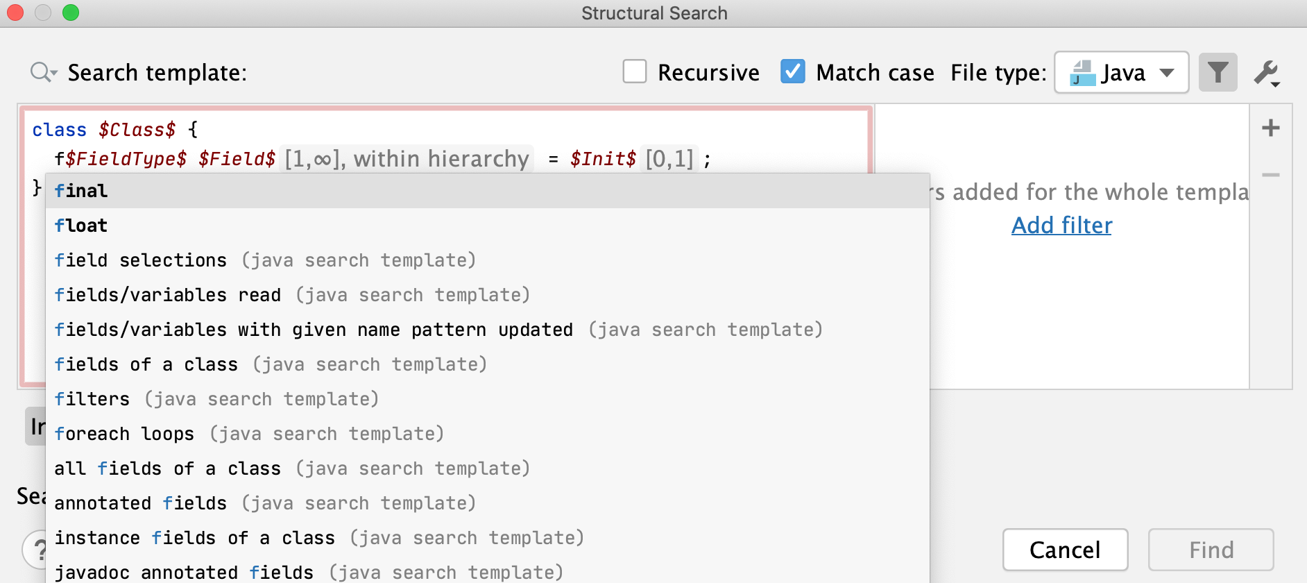 Code completion in the Structural Search dialog