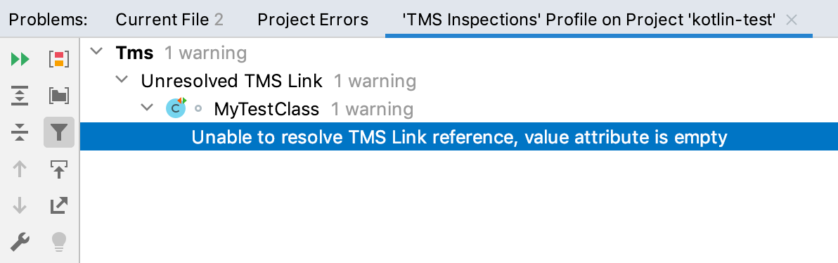 Otdated tests in the Problems tool window