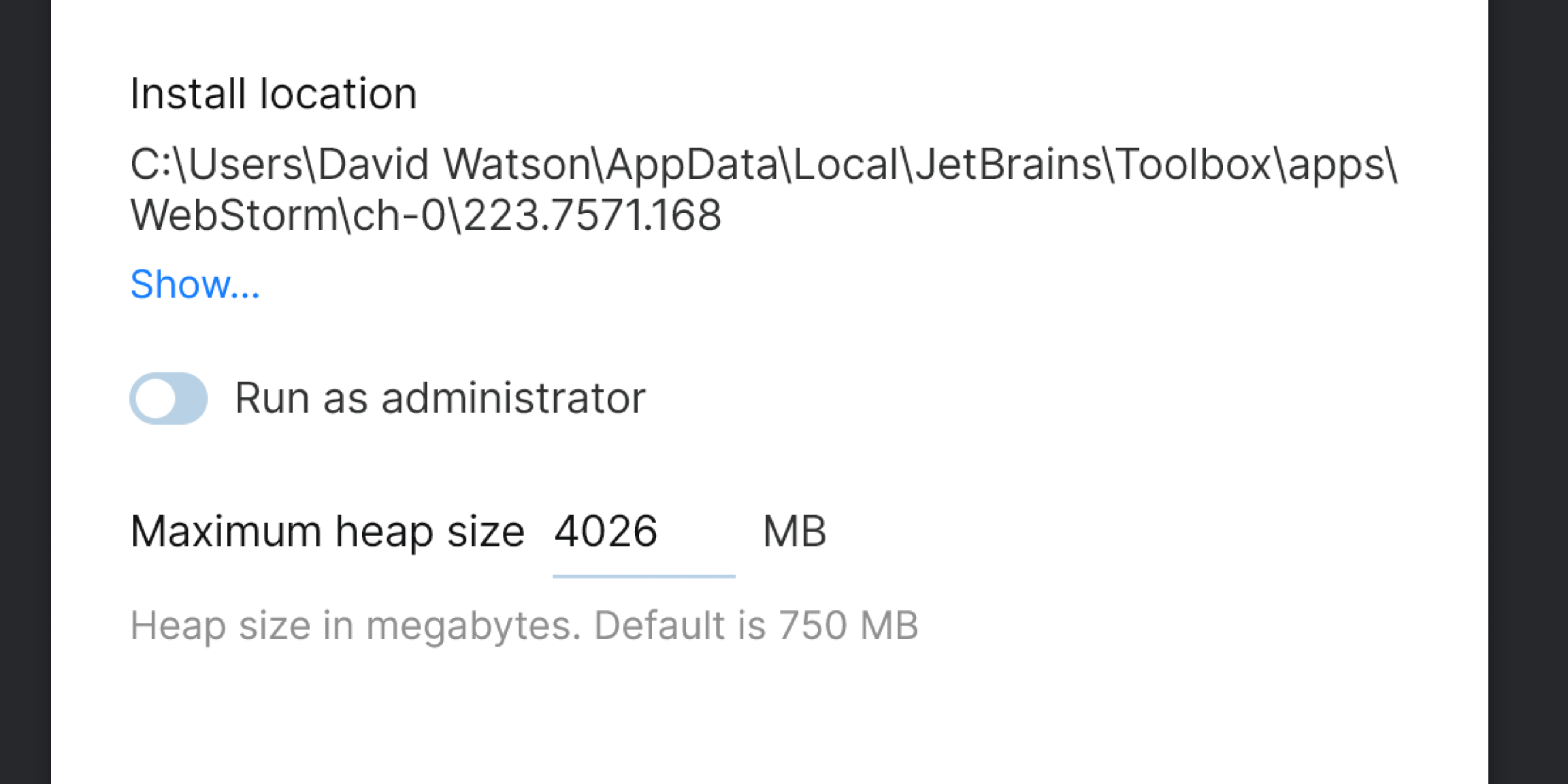 Increase memory heap from Toolbox app: configuration