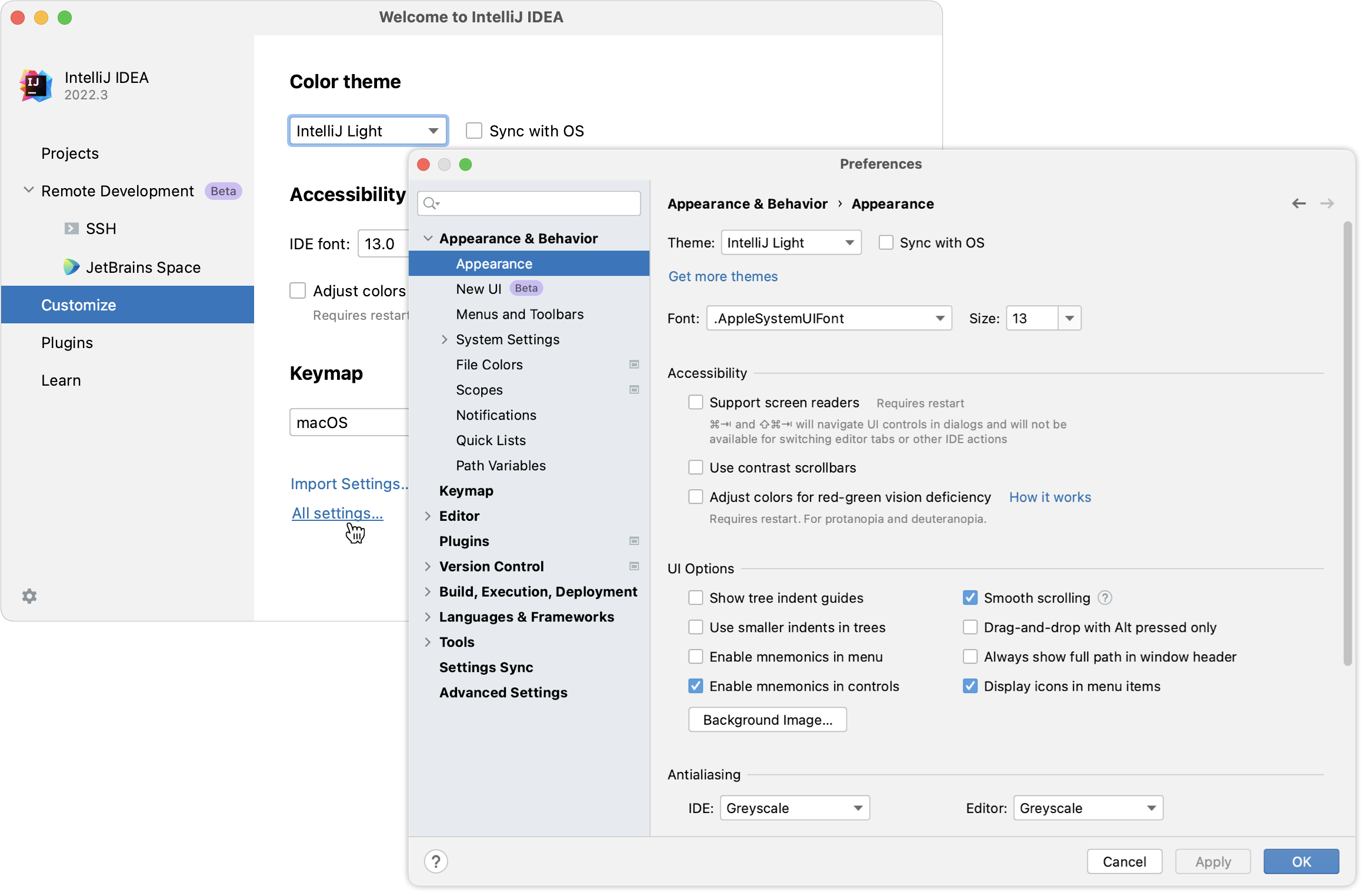 Configuring new default settings for projects