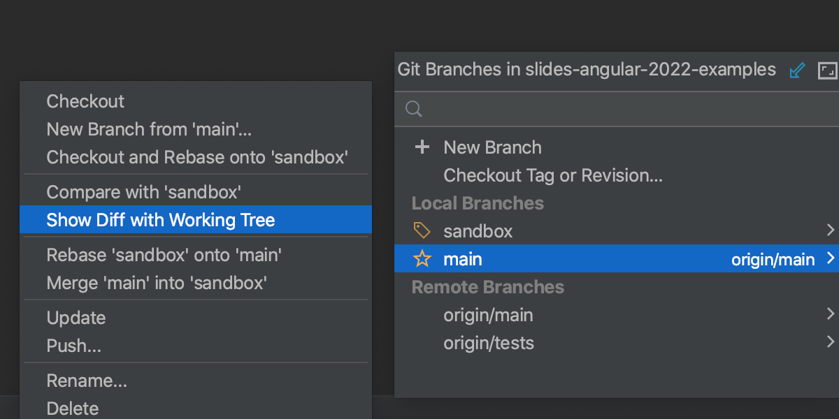 Branches popup: Show diff with Working Tree
