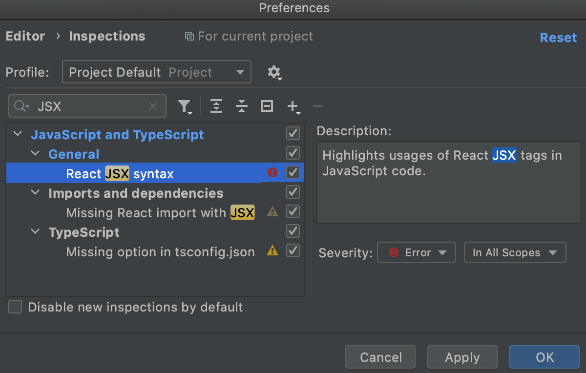 Enable the React JSX syntax inspection
