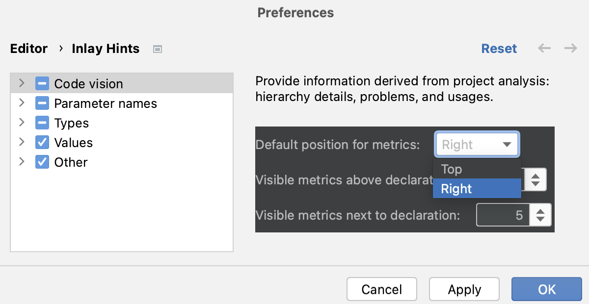 Code vision: configure position in the Settings dialog