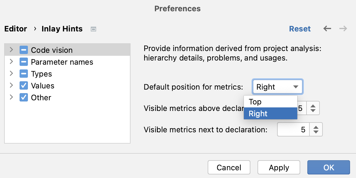 Code vision: configure position in the Settings dialog