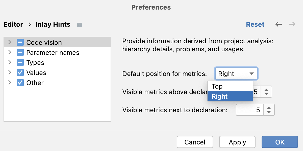 Code vision: configure default settings