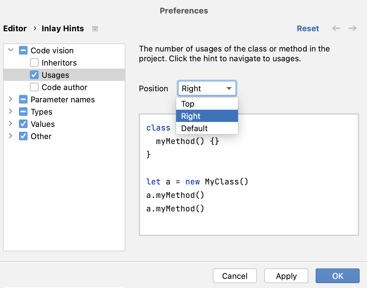 Configure position for inlay hints in the Settings dialog