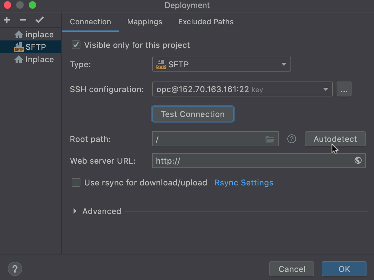 Create remote server (SFTP): specify root