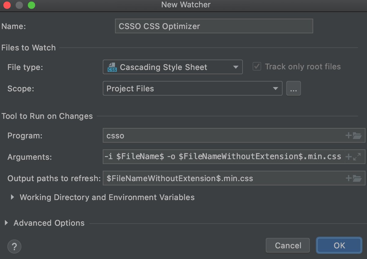 Create CSSO watcher: New Watcher dialog with default settings