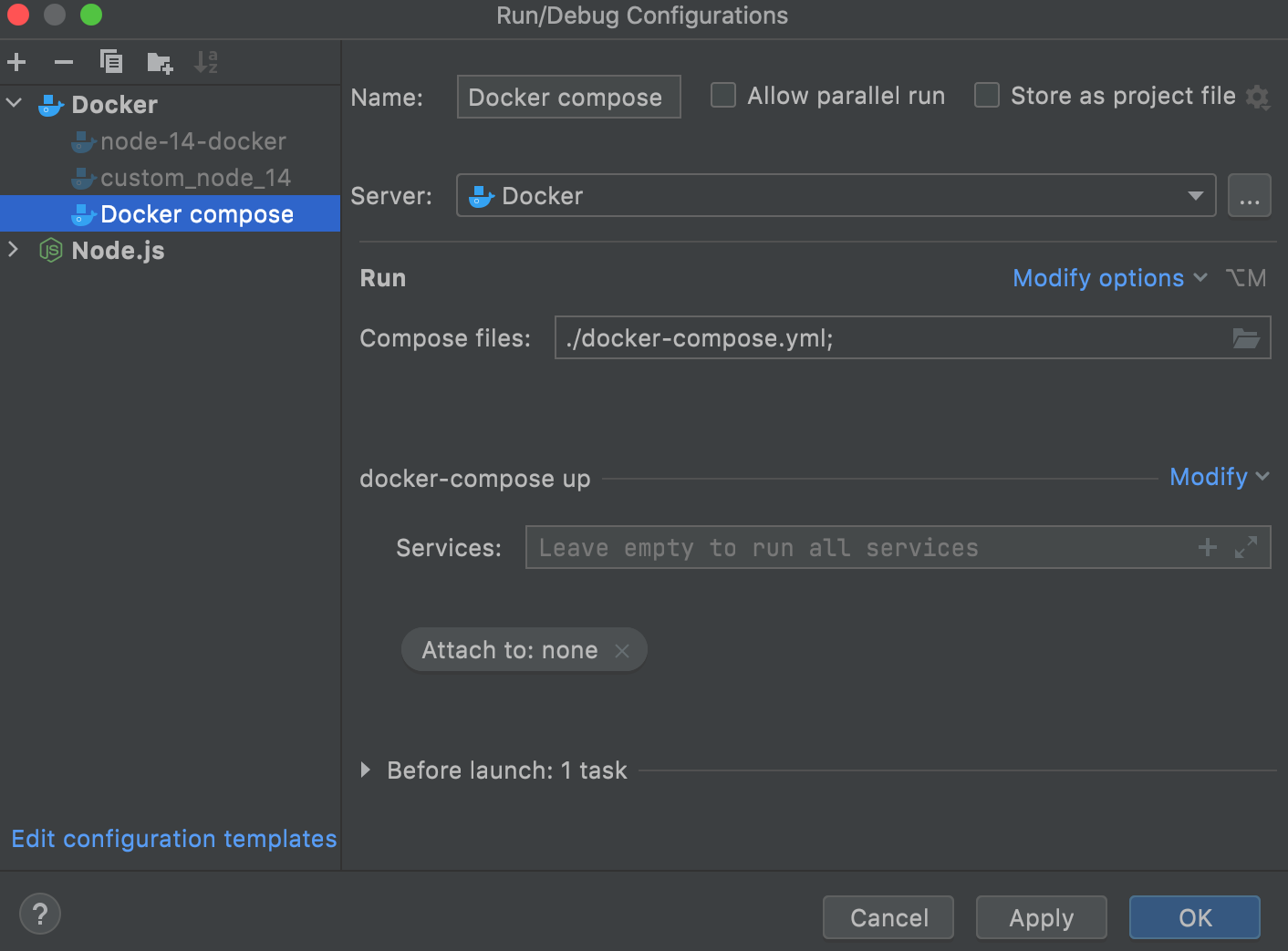 Docker compose run configuration dialog
