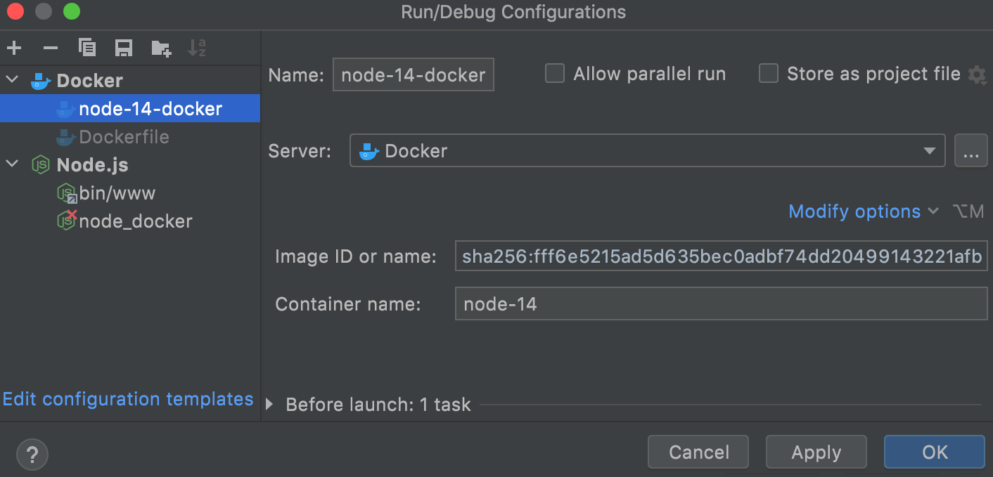 Docker Image run configuration dialog