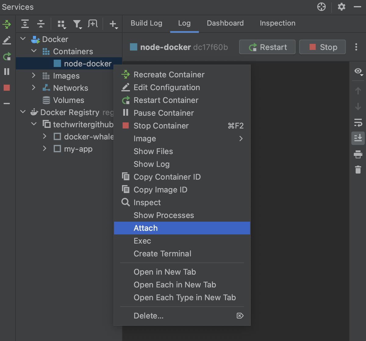 Attaching a console to a running container: context menu