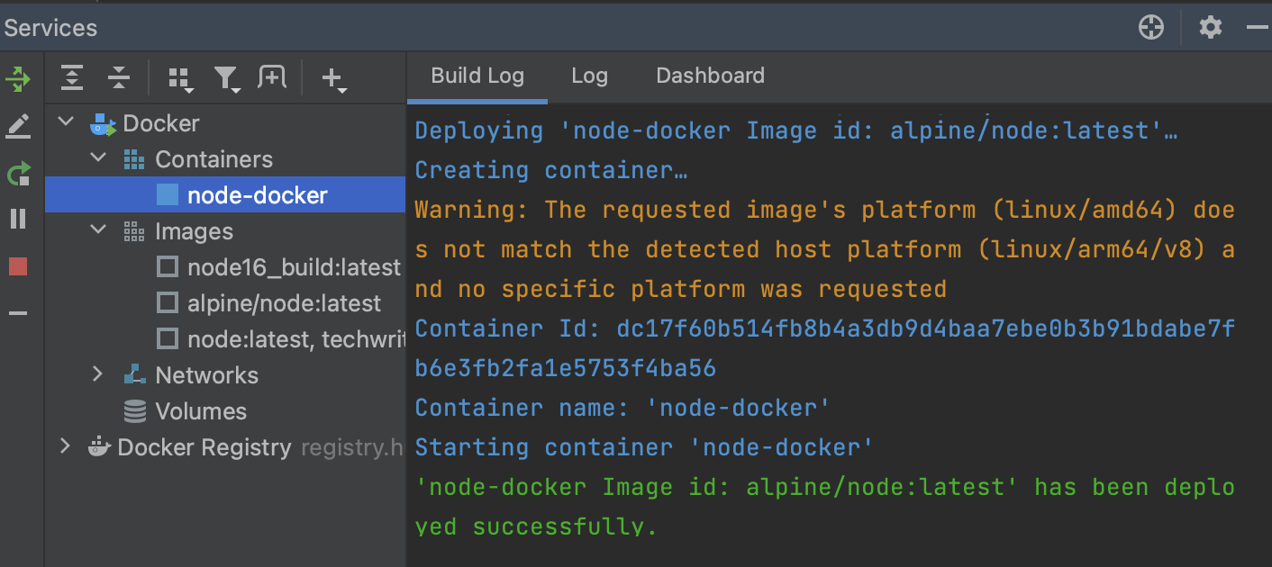 The Build Log tab of a container selected in the Services tool window