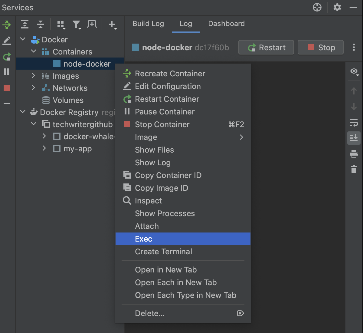 Execute command in a running container: select Exec from the context menu