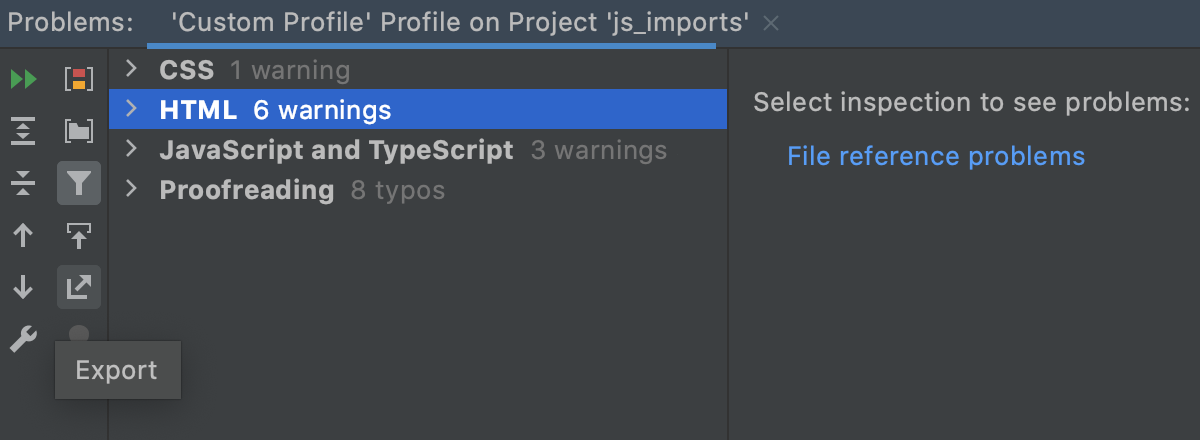 The Export button in the Inspection Results tool window