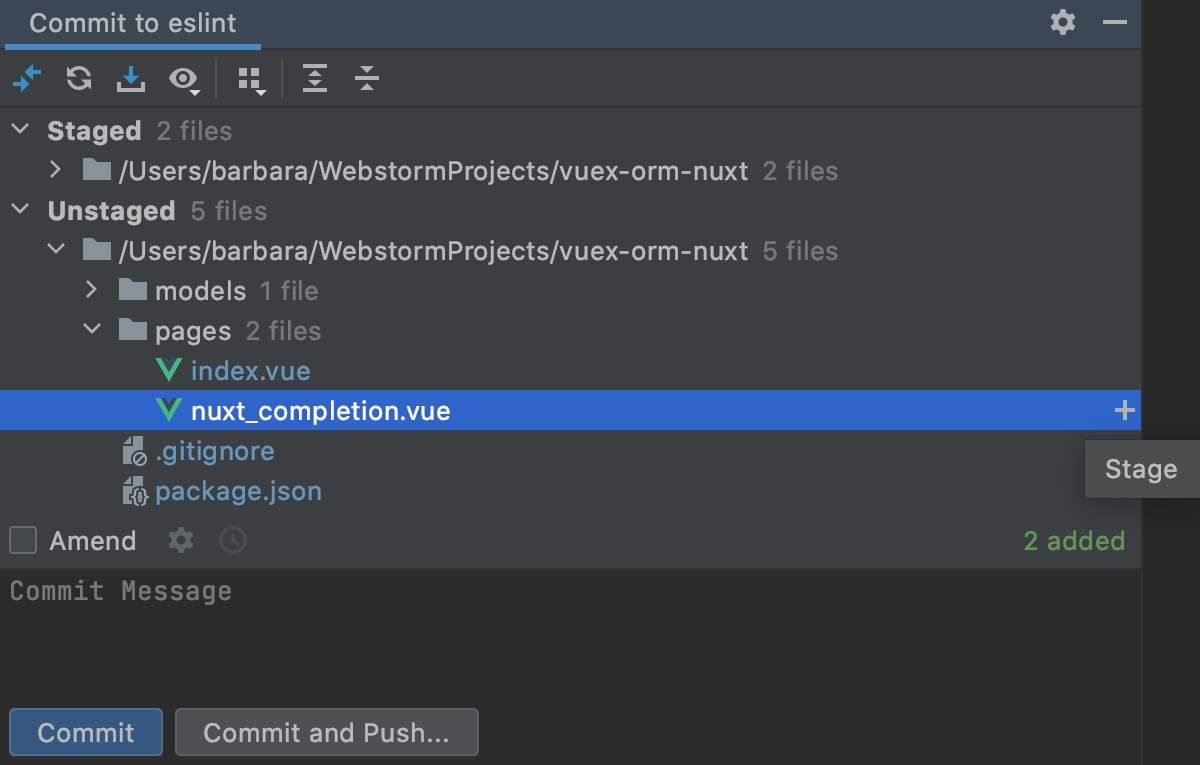 Stage an entire file from the Commit tool window