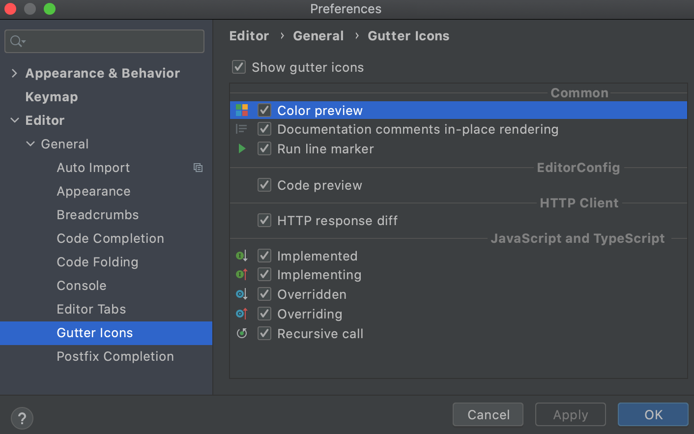 Gutter icons settings in the Preferences dialog
