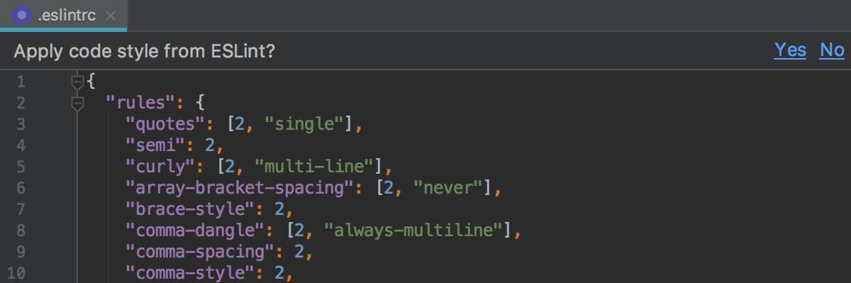 WebStorm suggests importing the code style from ESLint