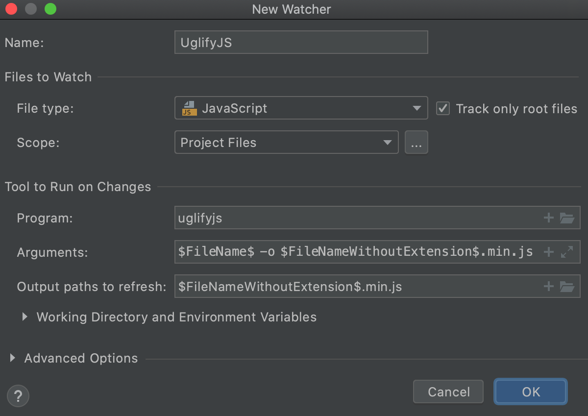 Create UglifyJS watcher: New Watcher dialog with default settings