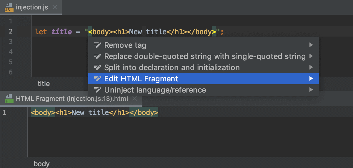 Edit the HTML fragment in the dedicated editor
