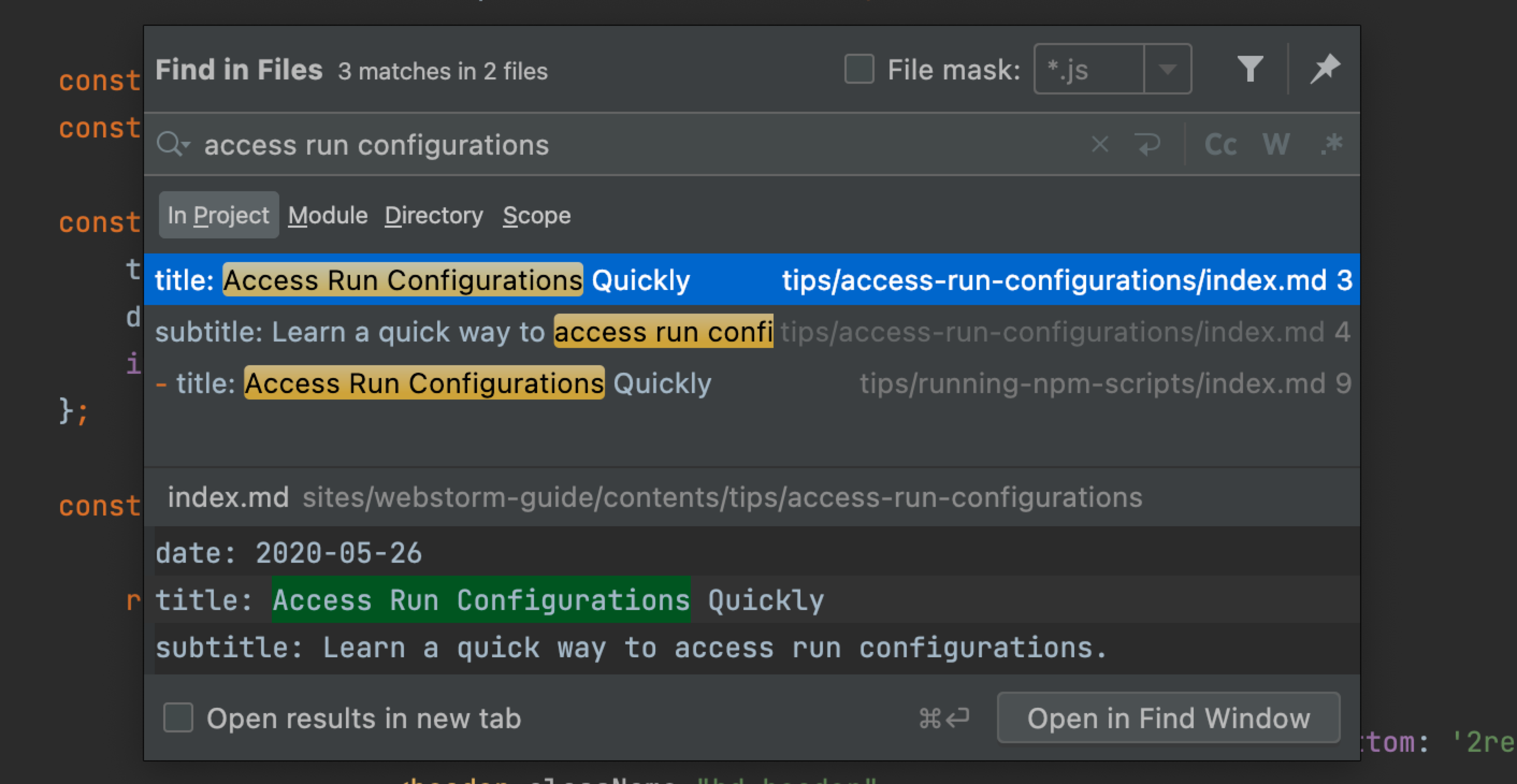 Customize WebStorm: search and replace