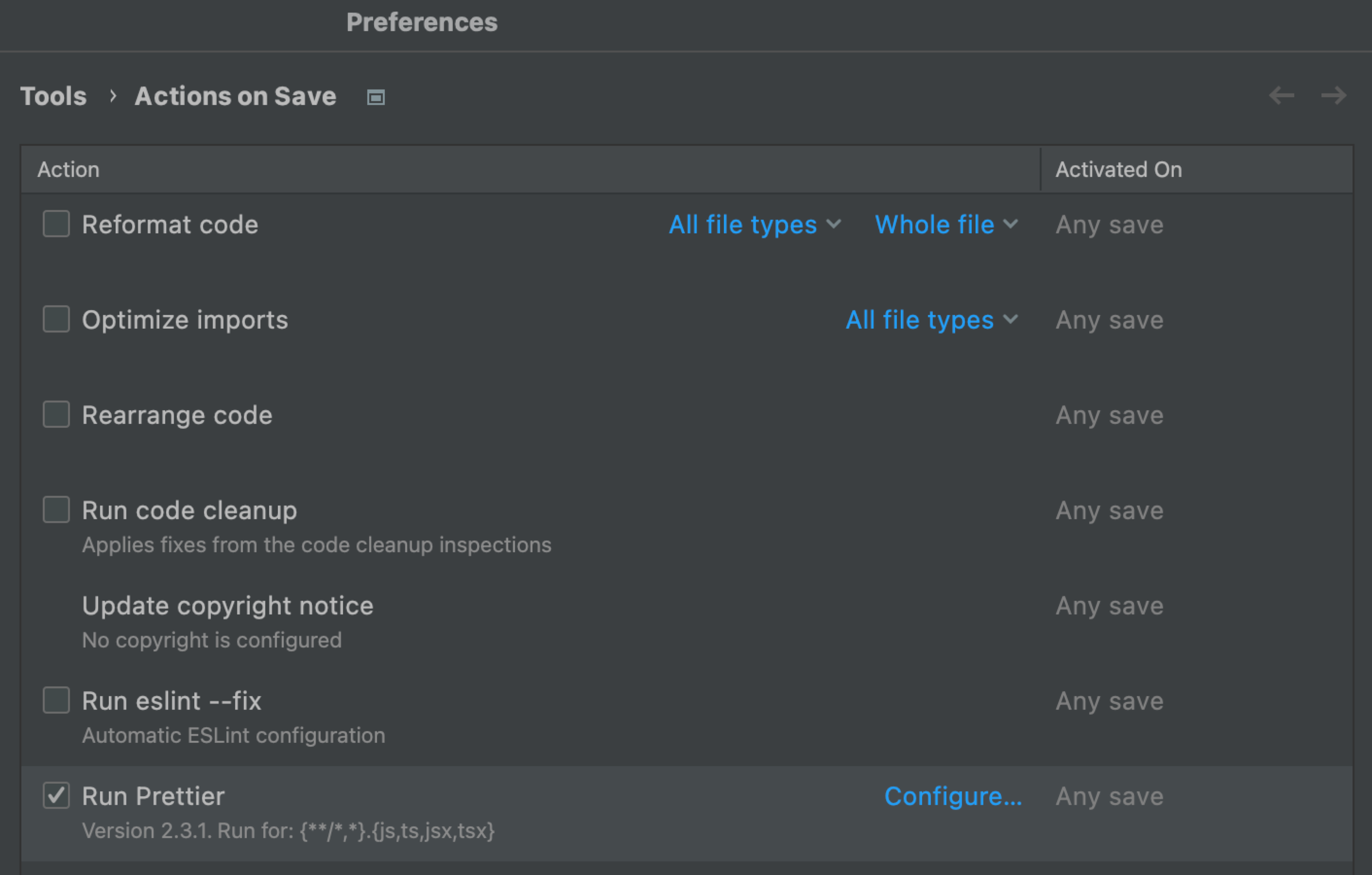 Customize WebStorm: set up actions on save