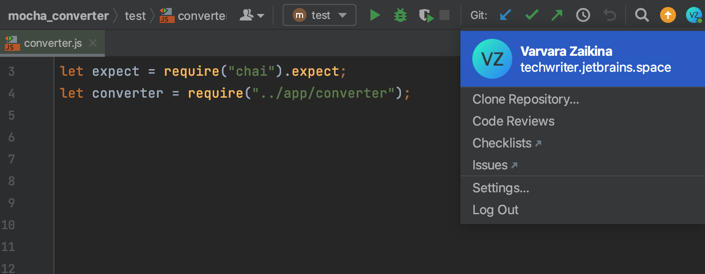 Navigate to Space from WebStorm