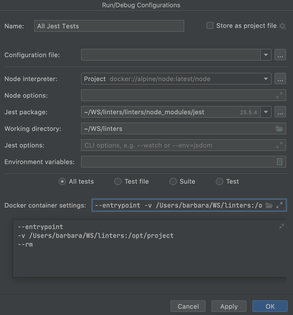 Run/debug configuration: Jest. Docker container settings