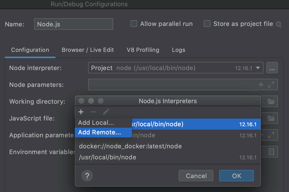 Open the Node.js Interpreters dialog from Node.js run configuration