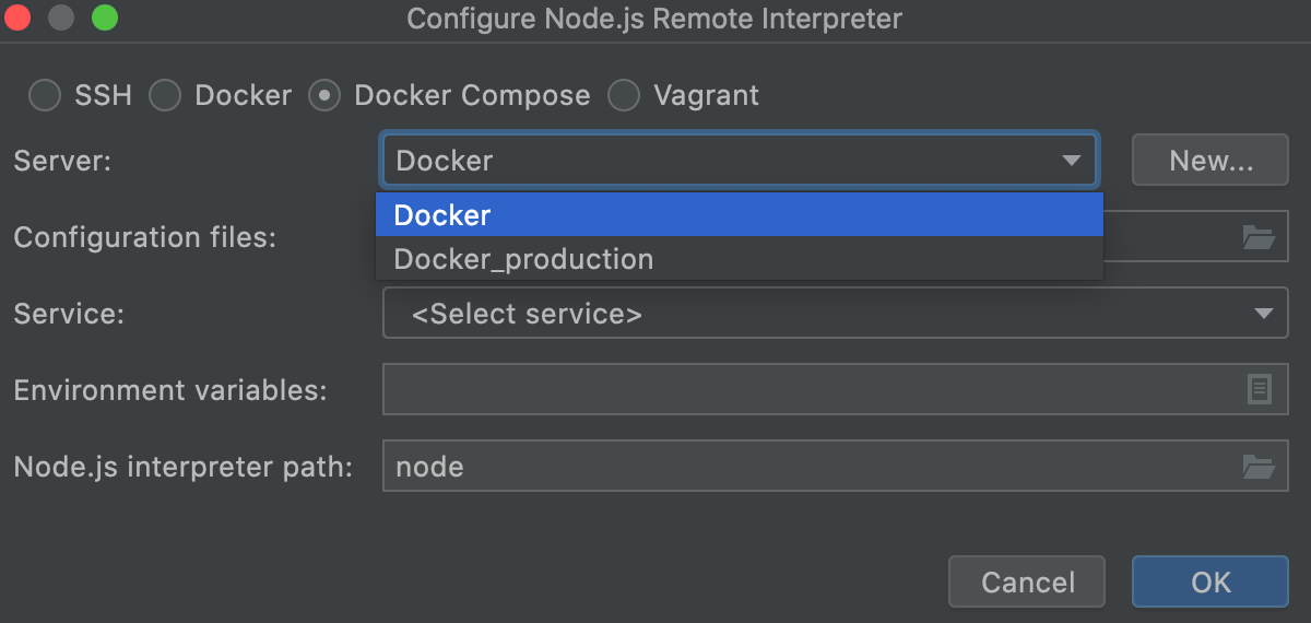 Configure a Node.js interpreter via Docker Compose: select the Docker Server