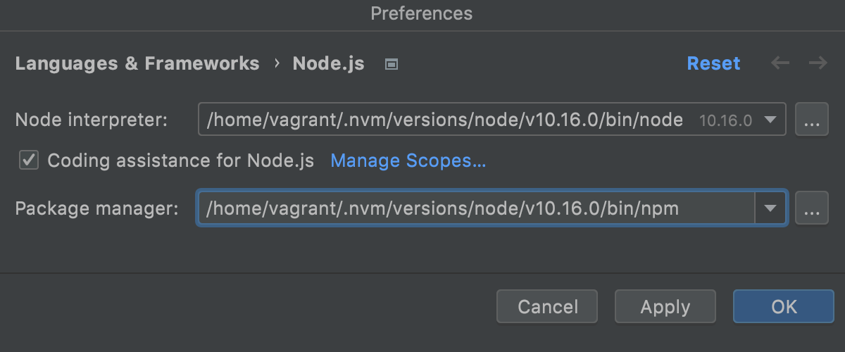 Configure remote Node.js interpreter: package manager specified