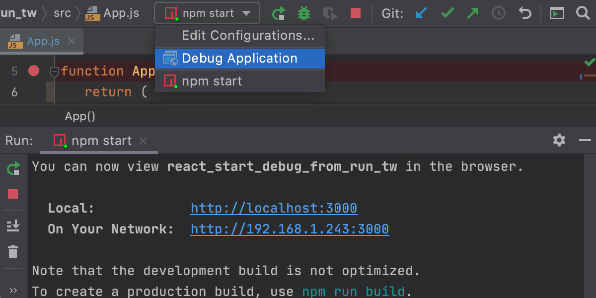 Start debugging an React app with Debug Application configuration