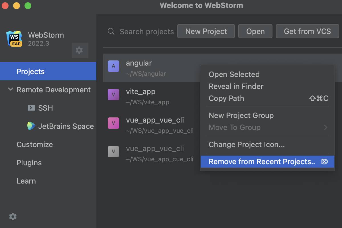 Remove a project from recent Projects on the Welcome Screen: context menu