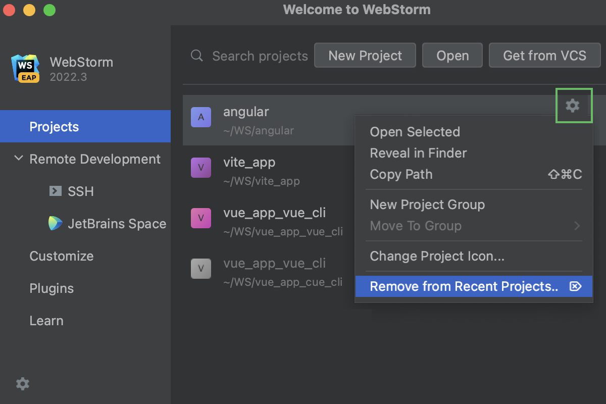 Remove a project from recent Projects on the Welcome Screen: Settings icon