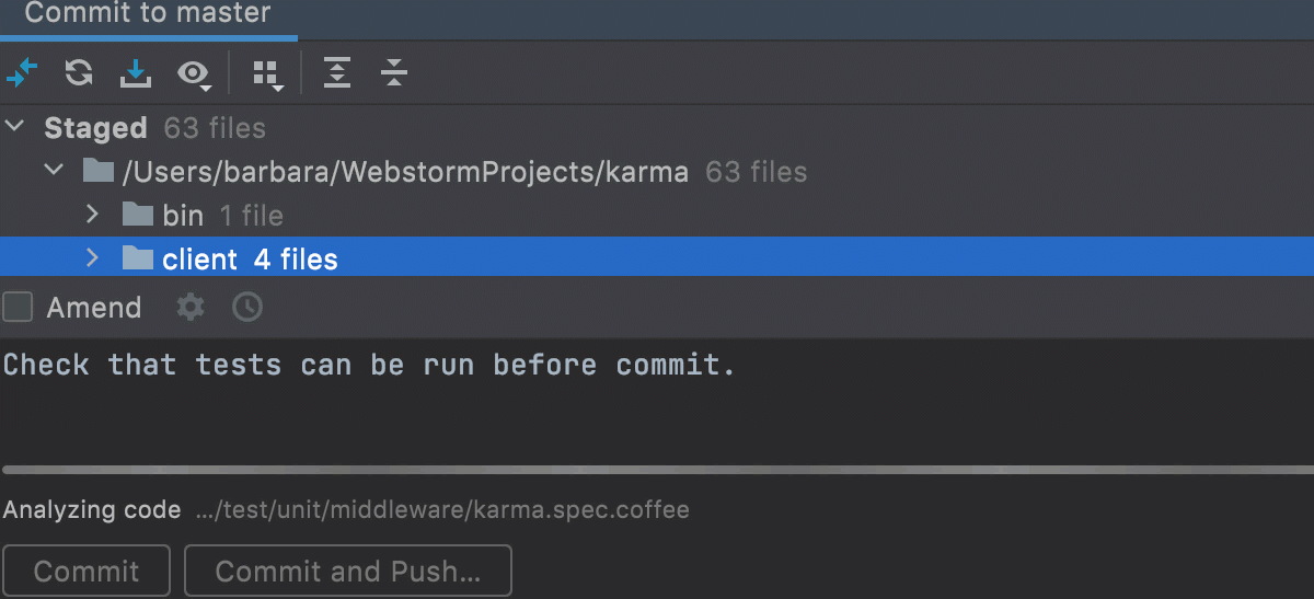 Non-modal commit dialog running a test
