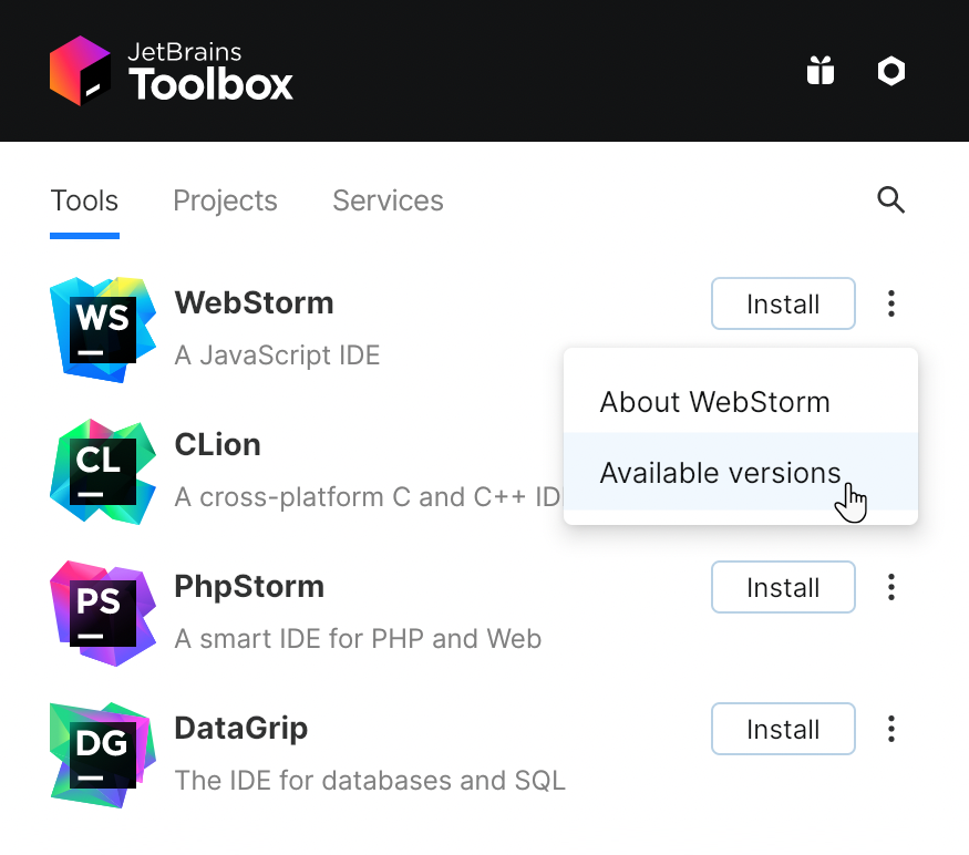 WebStorm in the Toolbox App