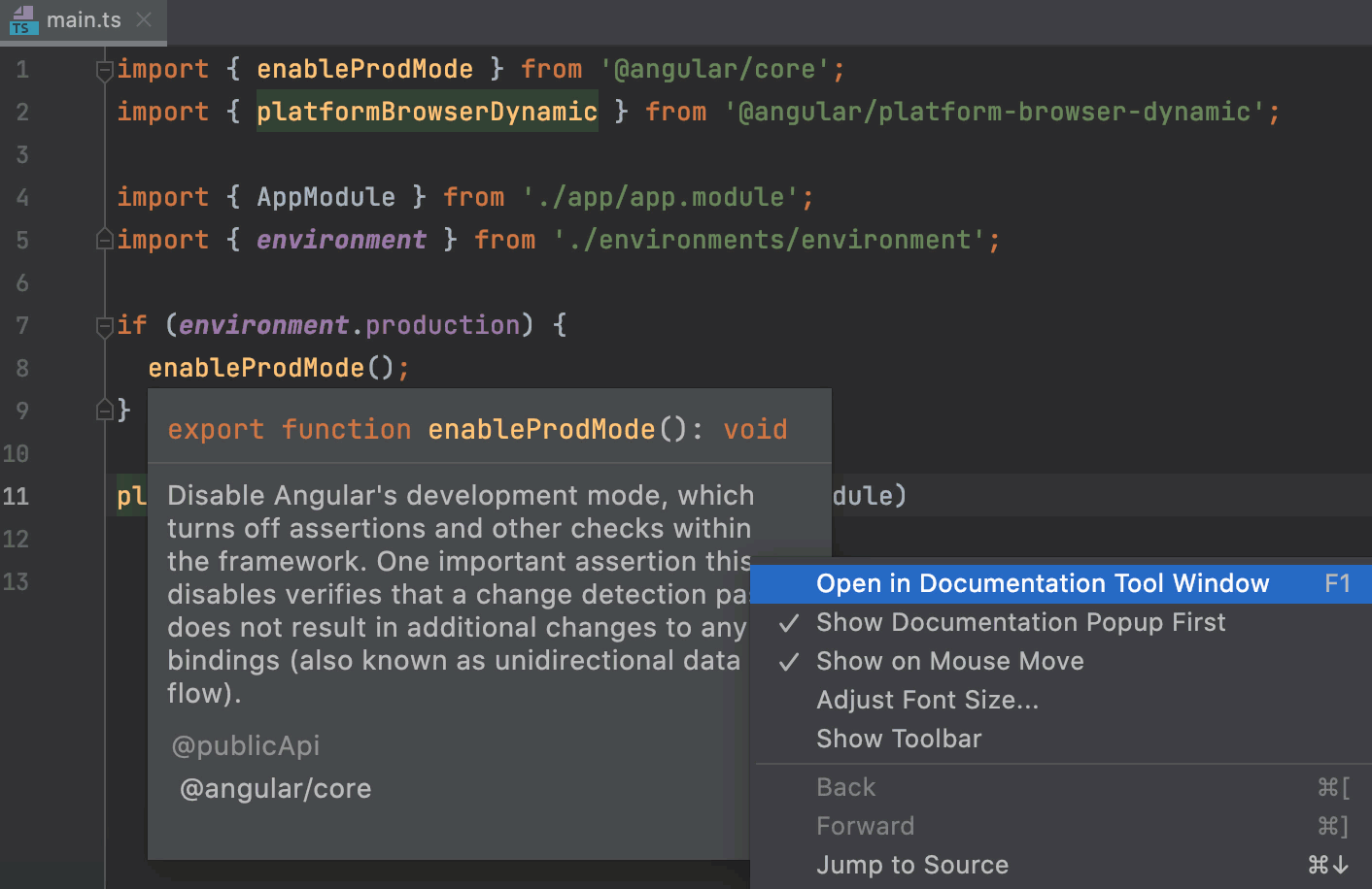 Quick documentation in a popup